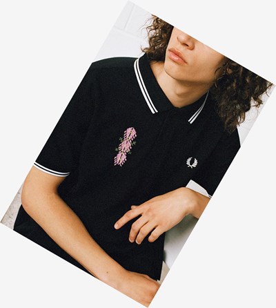 Black Fred Perry Adish Embroidered Twin Tipped Shirt Men's Polo Shirts | AQWIE-8145