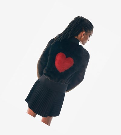 Black Fred Perry Amy Winehouse Foundation Heart Detail Faux Fur Jacket Women's Jackets | QAKVD-8745