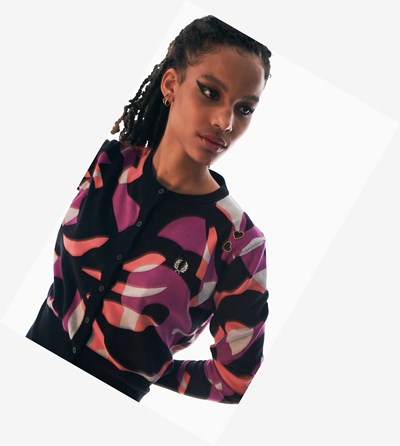 Black Fred Perry Amy Winehouse Foundation Abstract Cardigan Women's Knitwear | XNDAZ-7538