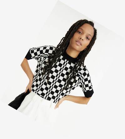 Black Fred Perry Chequerboard Short Sleeve Jumper Women's Knitwear | GRJOC-6319
