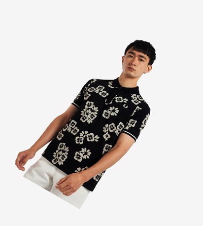 Black Fred Perry Floral Print Men's Polo Shirts | BACZI-0372