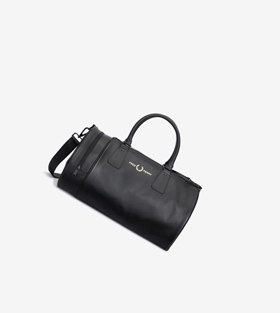 Black Fred Perry Leather Barrel Bag Men's Bags | BOPAX-5931