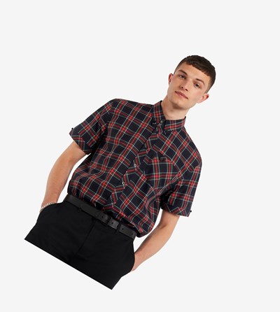 Black Fred Perry Made In England Short Sleeve Tartan Men's Shirts | GIFHX-2875