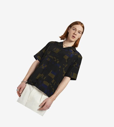Black Fred Perry Printed Revere Collar Men's Shirts | JCRZL-3784