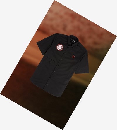 Black Fred Perry Raf Simons Short Sleeve Patch Detail Men's Shirts | BUNHQ-7594