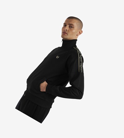 Black Fred Perry Taped Sleeve Men's Track Jacket | FXPKD-6428