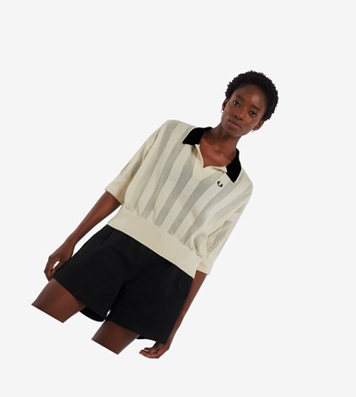 Black Fred Perry Textured Stripe Knitted Shirt Women's Knitwear | VWJZH-7295