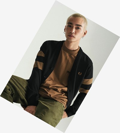Black Fred Perry Tipped Sleeve Cardigan Men's Knitwear | FEPZV-2459