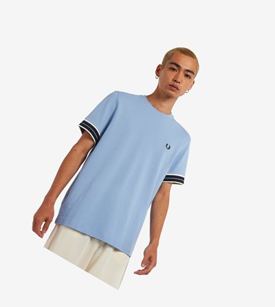 Blue Fred Perry Tramline Tipped Piqué Men's T Shirts | WQNRV-9486