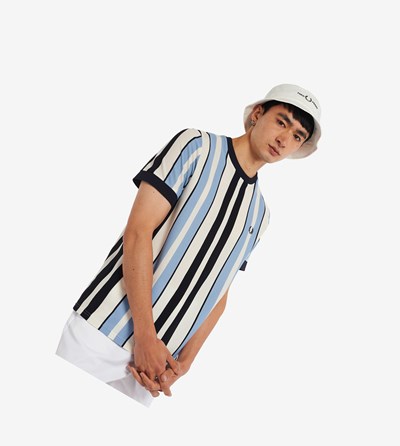 Blue Fred Perry Vertical Stripe Piqué Men's T Shirts | KOTFN-0815