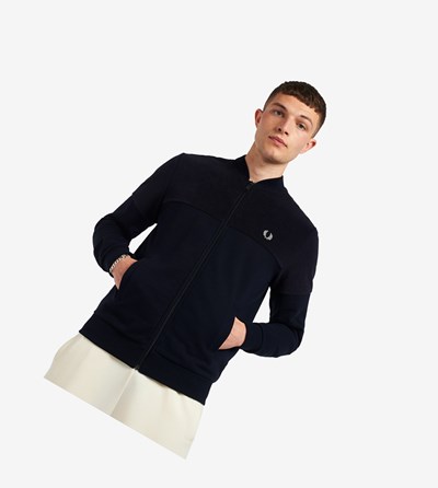 Navy Fred Perry Towelling Panel Men's Track Jacket | VGYQO-3064
