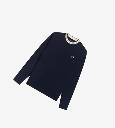 Navy Fred Perry Tramline Tipped Long Sleeve Top Men's Sweatshirt | AJHSX-2897