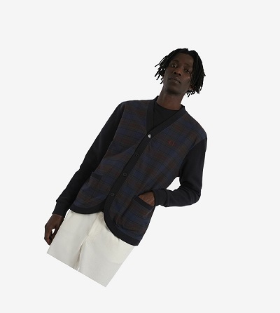 Navy Fred Perry Woven Check Cardigan Men's Jackets | CLEVF-3168