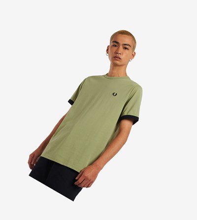 Olive Green Fred Perry Ringer Men's T Shirts | WJXAM-0186
