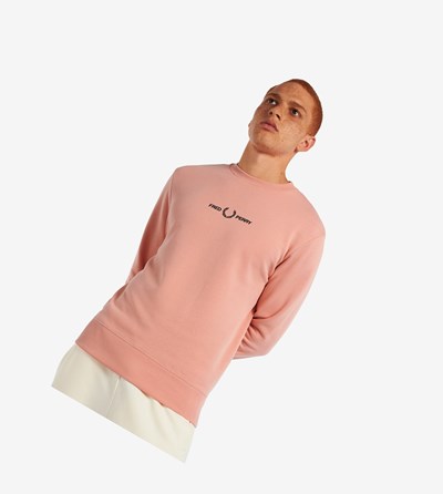 Pink Coral Fred Perry Embroidered Men's Sweatshirt | LOZJG-8365