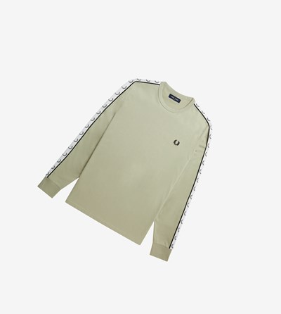 White Fred Perry Taped Long Sleeve Men's T Shirts | DLAPJ-3106